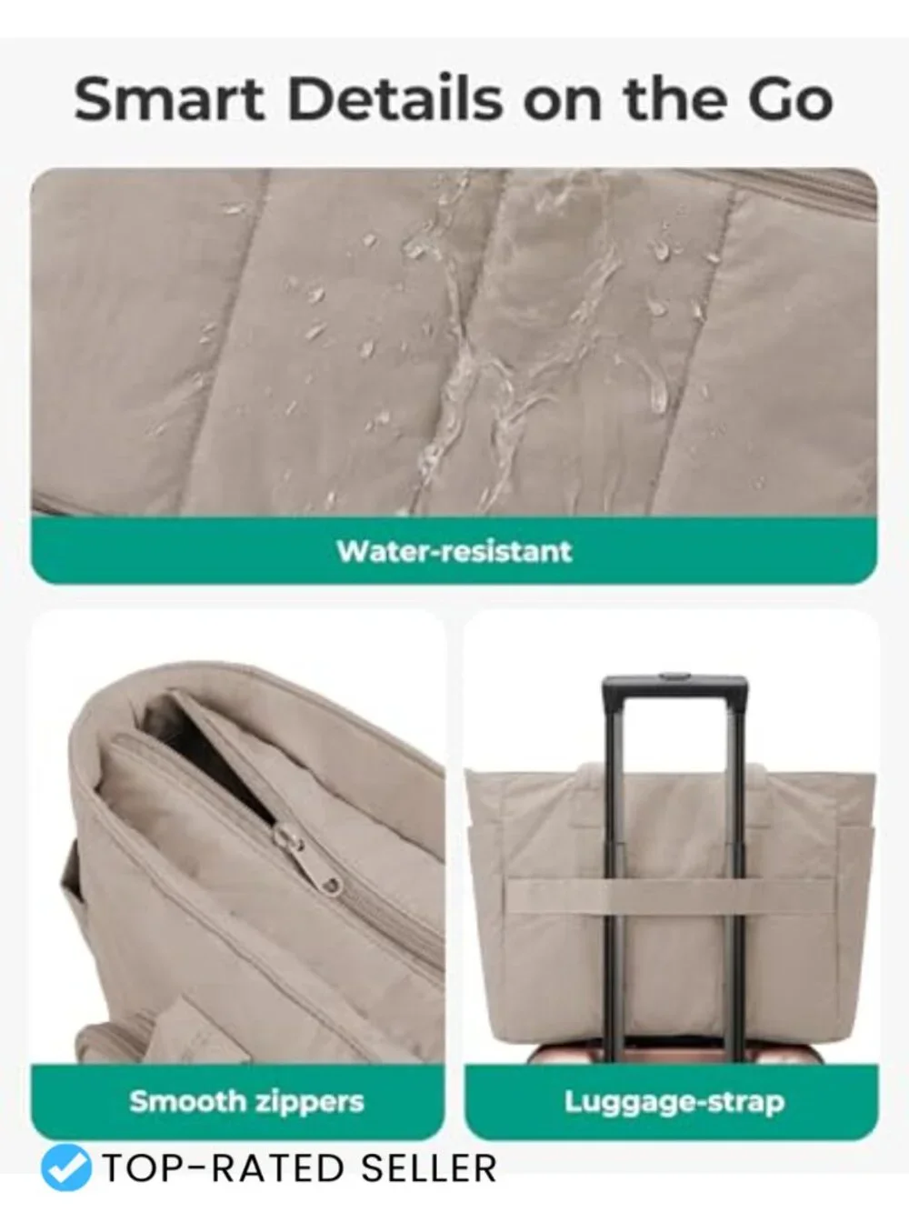 Quilted Nylon Tote Bag with Zipper, 20L 2-Piece Set with Cosmetic Pouch